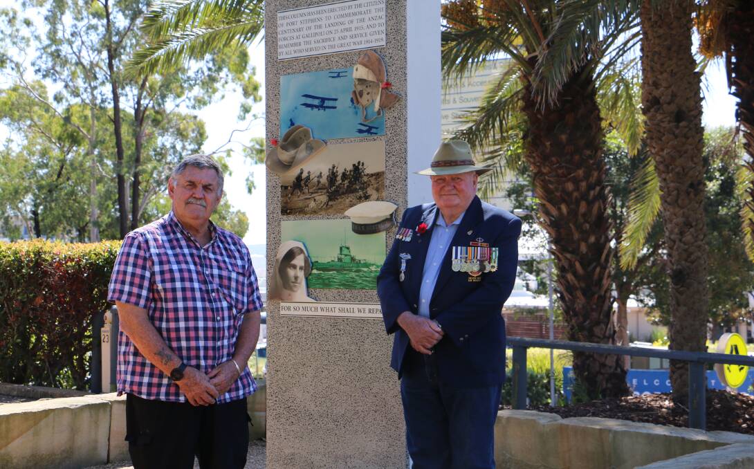 FUNDING SUCCESS: Russell Durrant, secretary of Nelson Bay RSL Sub-Branch, with vice president Tom Lupton at the commemorative Stele in Apex Park. Picture: Ellie-Marie Watts