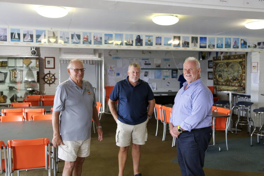 Bill Haskel, David Simm and Michael Kirby in the Port Stephens Yacht Club clubhouse.