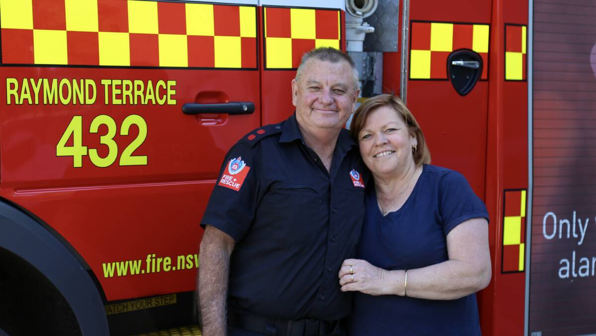 Dennis Peters and wife Robyn at Raymond Terrace Fire Station. Picture: Ellie-Marie Watts
