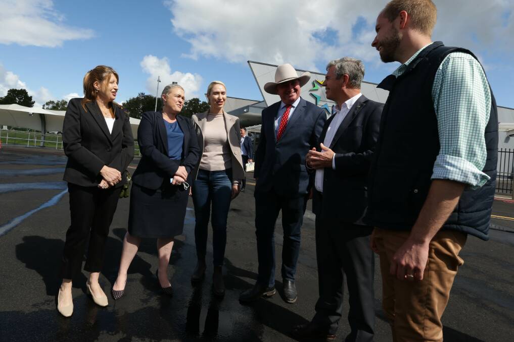 Deputy PM Barnaby Joyce at Newcastle Airport on Thursday, April 14 with MPs and election candidates. Picture: Jonathan Carroll 