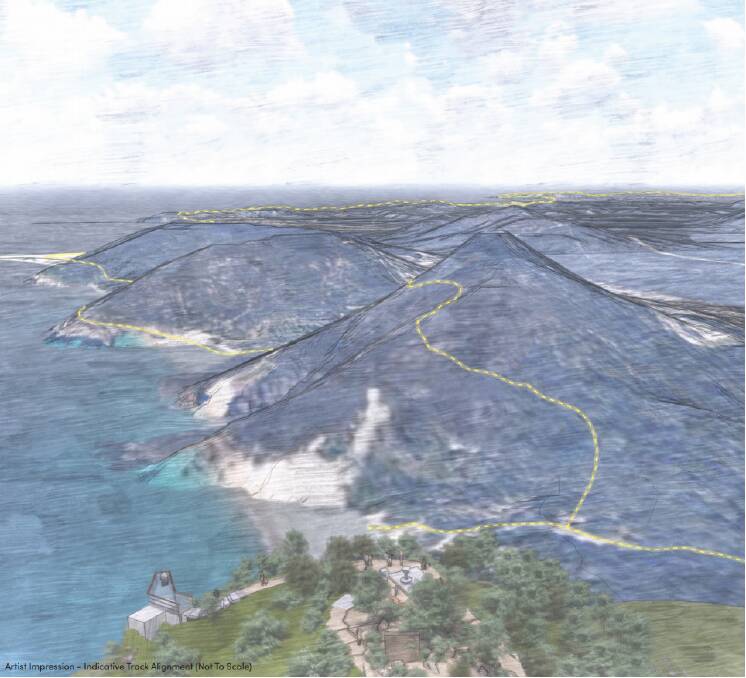 An artist's impression of the Tomaree Coastal Walk. The yellow line shows the planned track alignment. Picture from the Tomaree Coastal Walk draft master plan.