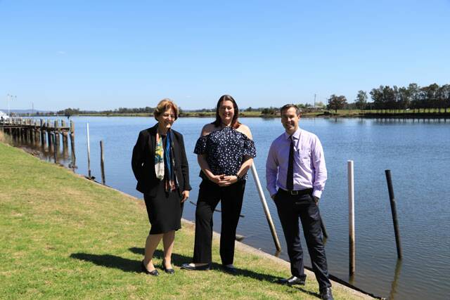 Catherine Cusak MLC, Liberal state candidate Jaimie Abbott and Port Stephens Mayor Ryan Palmer at Riverside Park, Raymond Terrace on Friday morning. Picture: Supplied