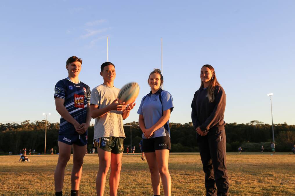 READY: Hunter River High School students Cody Hancock, 16, Whare Kuru, 14, Xanthe Roach, 14, and Lilly White, 15, will don Worimi colours in the PCYC Nations of Origin rugby league tournament. Picture: Ellie-Marie Watts