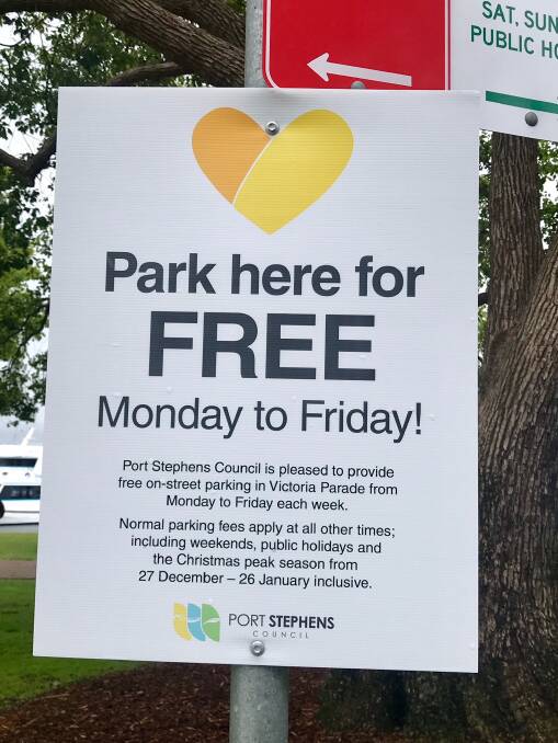 Signs have been put up along Victoria Parade, Nelson Bay by Port Stephens Council outlining the conditions of free parking.