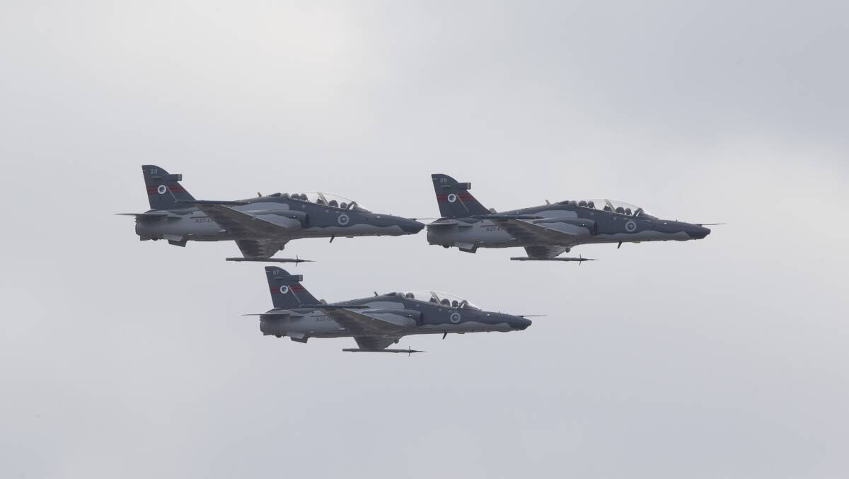 OPERATIONS: A trio of Hawk 127 lead in fighters flying over RAAF Base Williamtown. Hawk 127 aircraft from Williamtown will return to Salt Ash Air Weapons Range to conduct training from Monday, 13 July. Picture: SGT David Gibbs/ADF