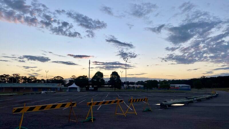GOING UP: Image shows the Histopath Pathology drive-through clinic being set up at Lakeside Leisure Centre, Raymond Terrace on Monday afternoon. Picture: Supplied