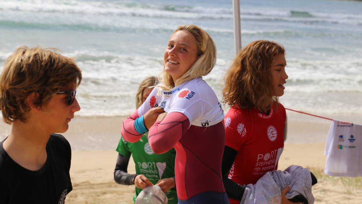Anna Bay's Jasmine Sampson, 15, getting ready fro her first heat of the Port Stephens Toyota NSW Pro on Thursday morning. Picture: Ellie-Marie Watts