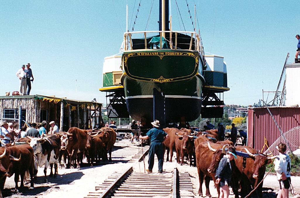 The William the Fourth replica being launched in Raymond Terrace in 1987. Picture: Supplied