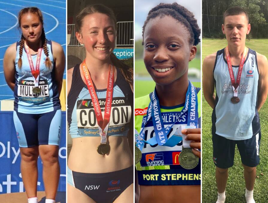 TOP PERFORMERS: Lily Mullane, 12, Emma Cotton, 15, Shari Hurdman, 12, from Port Stephens Athletics Club and Jack Kenny, 15, from Raymond Terrace Athletics Centre.