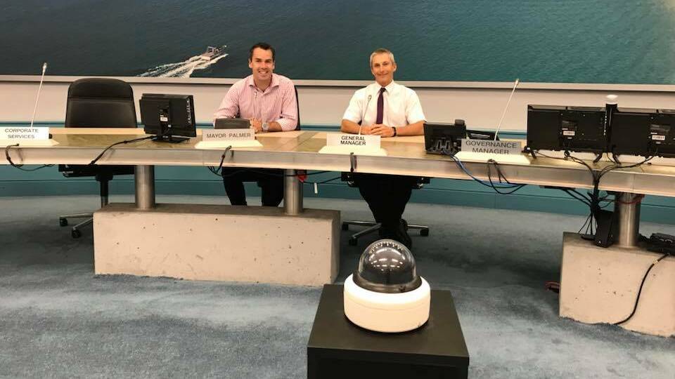 Port Stephens Mayor Ryan Palmer and Port Stephens Council general manager Wayne Wallis are ready for webcasting to resume at Tuesday night's meeting. Picture: Facebook/Ryan Palmer