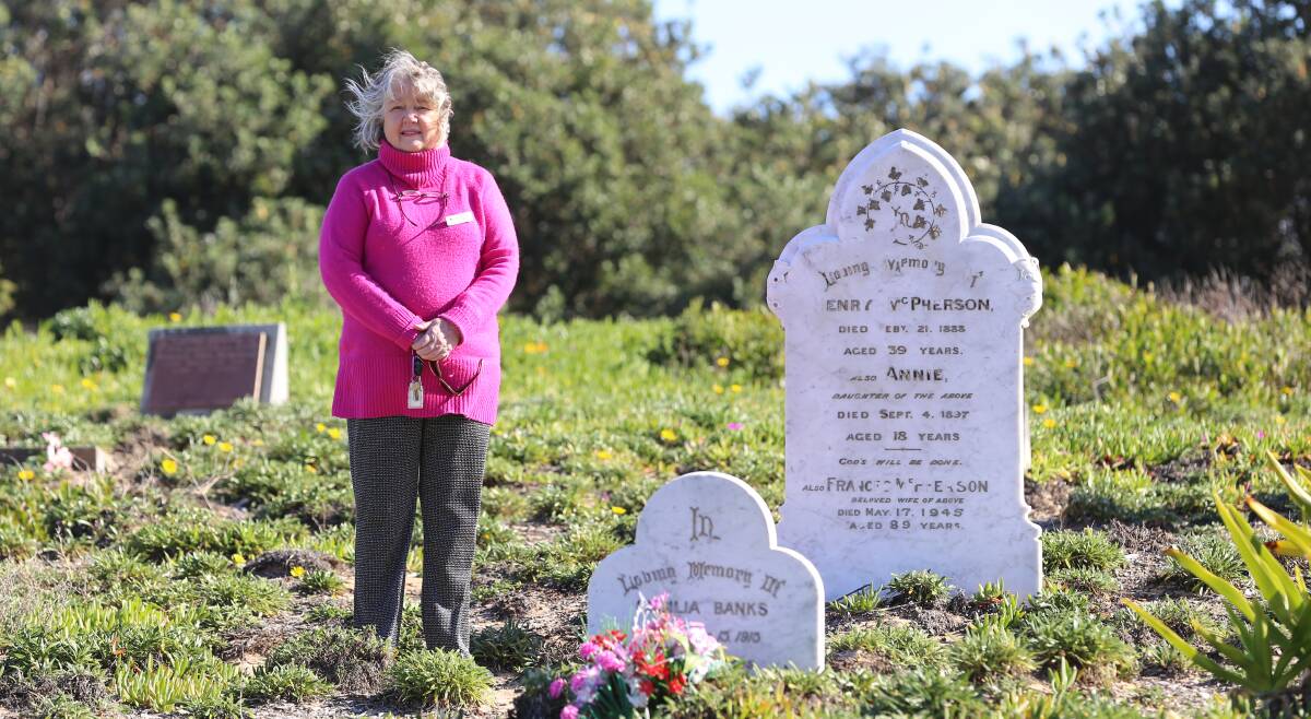 TRUE TALES: Tomaree Family History Group author Marilynne Cullen at Birubi Point cemetery, which is the focus of a new book that was approved for a council grant. Pictures: Ellie-Marie Watts