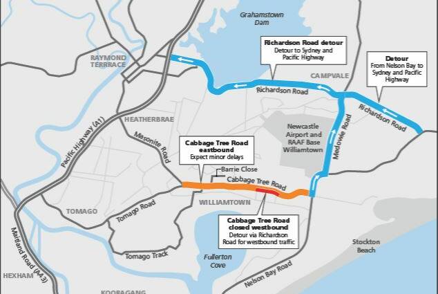 A map showing the works to Cabbage Tree Road, Williamtown and alternative travel routes. Picture: Port Stephens Council