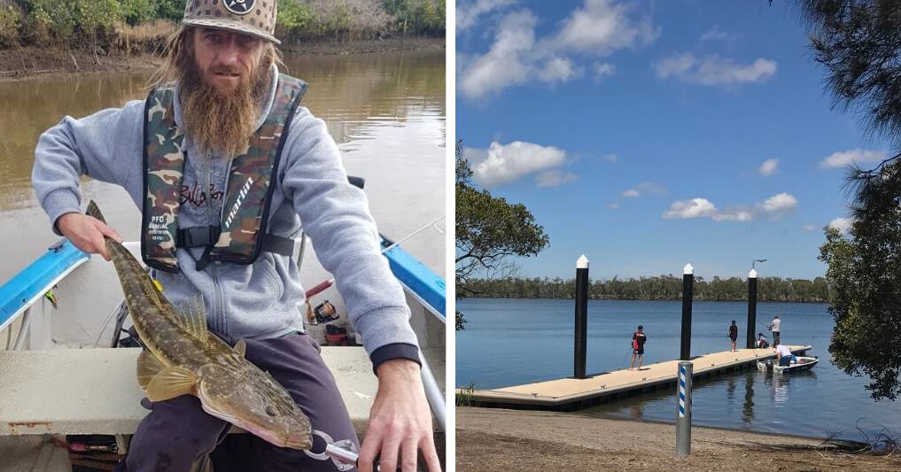 GOOD CATCH: Tomago champ John Adelsback with his cracker flathead. Right: Tomago boat ramp on the Hunter River.