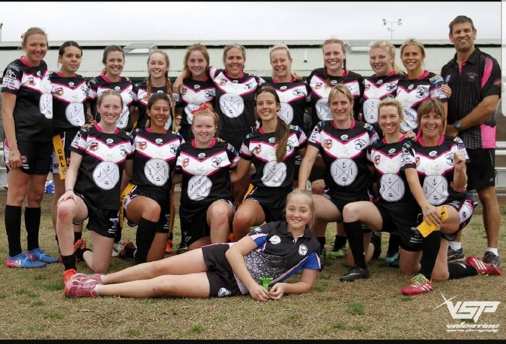 STILL SIMILIN': The Raymond Terrace Ravens ladies league tag team after their preliminary final loss to Aberglassyn. Picture: Valentine Sports Photography