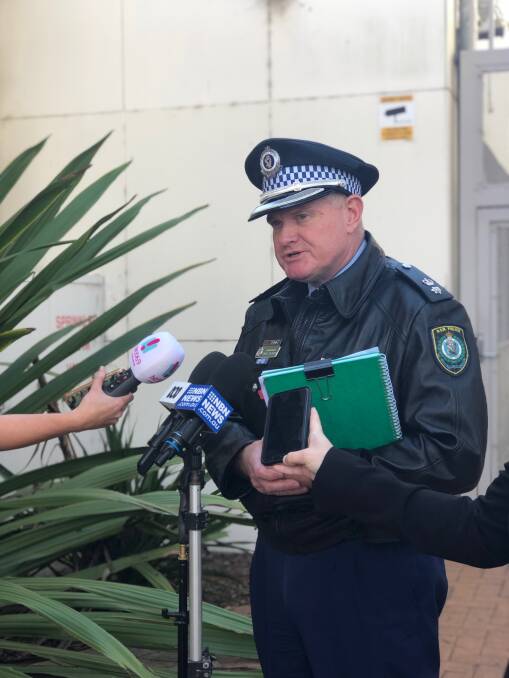 Superintendent Craig Jackson, commander of the Port Stephens-Hunter Police District, speaking with media about the Salamander Bay knife attack outside of Raymond Terrace Police Station on Wednesday afternoon.