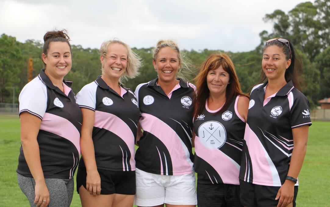 LEAGUE TAG: Amy Walker, Julie Tull, Lauren Chambers, Leigh Kelty and Denise Duffy from the Raymond Terrace Ravens Ladies League Tag team.