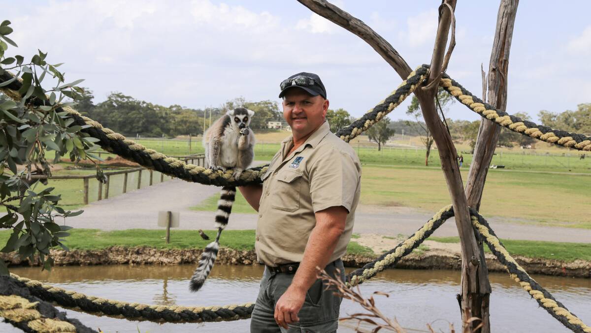 LIFE'S WORK: Oakvale owner Kent Sansom with one of the Salt Ash wildlife park's lemurs. Mr Sansom was 5 years old when Oakvale opened 40 years ago. Picture: Ellie-Marie Watts