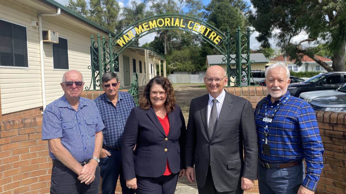 Graham Marsh, Rod Trappel, Paterson MP Meryl Swanson, Shadow Minister for Veterans Affairs Shayne Neumann MP and Vic Jones at the East Maitland War Memorial Centre in April when Labor pledged $5m for a Veteran Wellbeing Centre in the electorate.