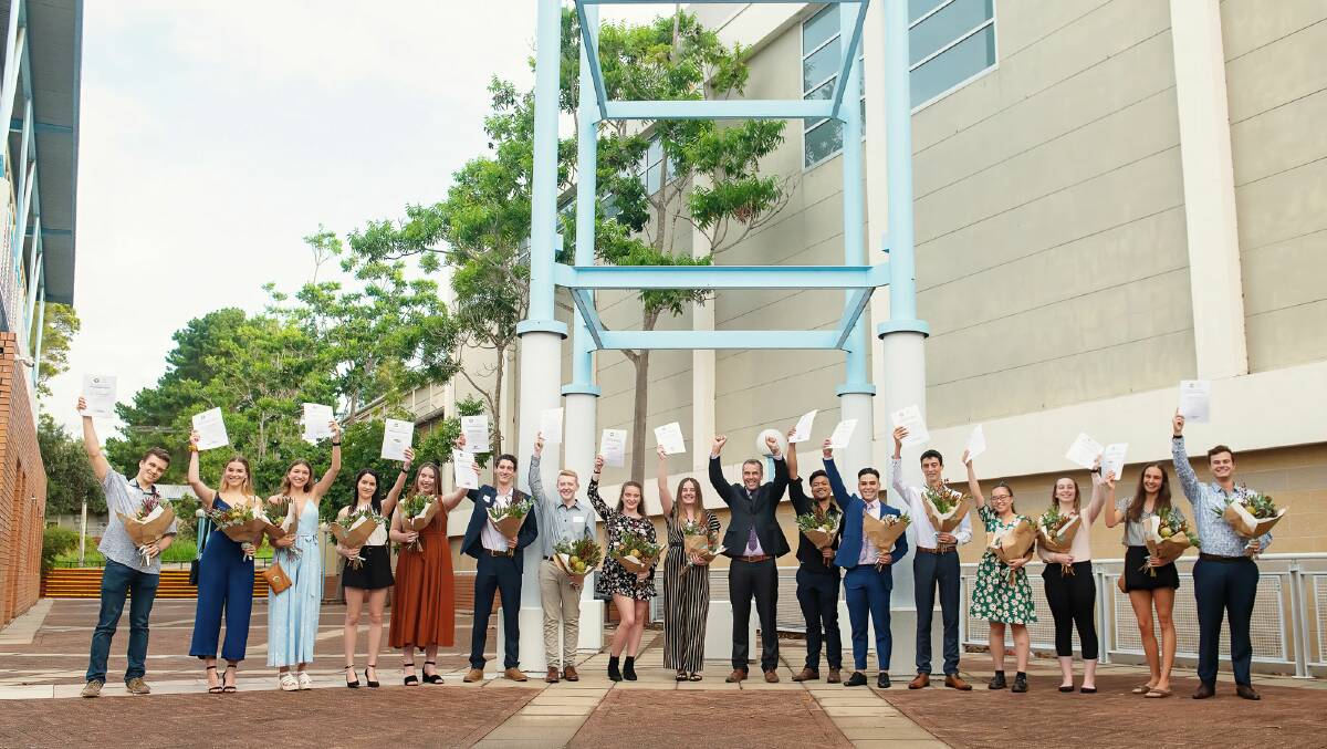HAPPY: Recipients of the 2020 Port Stephens Mayoral Academic Scholarships with Mayor Ryan Palmer (centre) at the council administration building in Raymond Terrace.