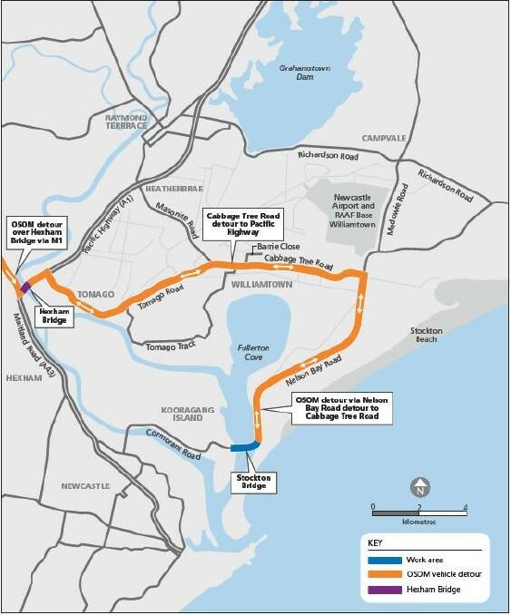 Orange line shows the detour vehicles 68 tonnes plus will be required to take when work starts on the Stockton Bridge upgrade in November. The detour will be in place until June 30, 2021.