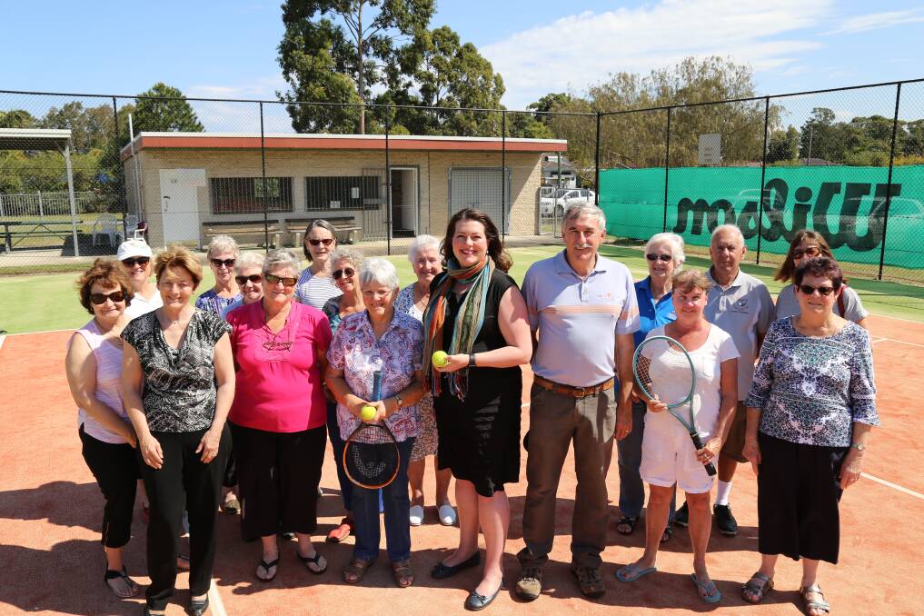 Catherine Cusack MLC (left), Port Stephens councillor and Liberal candidate Jaimie Abbott (centre in black), councillor Steve Tucker and members of the Tilligerry Tennis Club at Mallabula on Friday, September 28. Picture: Ellie-Marie Watts