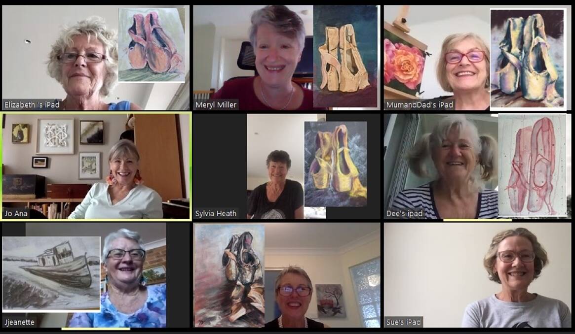 STAYING CONNECTED: Port Stephens Community Arts Centre's painters have been keeping busy in isolation by taking part in a weekly art challenge. Image shows some of the artists sharing their artwork over a video call.