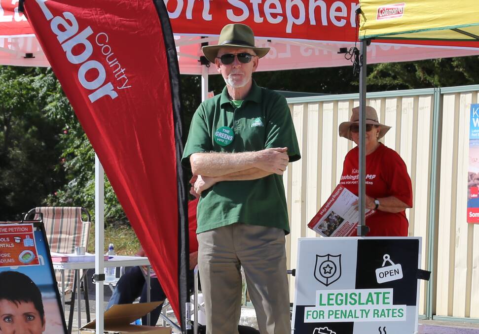Nigel Waters in Nelson Bay during the 2019 state election, handing out voting information for The Greens.