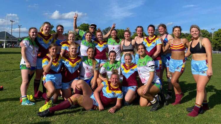 GRINNERS: The Fingal Bay Bomboras ladies league tag team after their 16-12 win against Stroud on Saturday. Picture: Facebook/Fingal Bay Bomboras