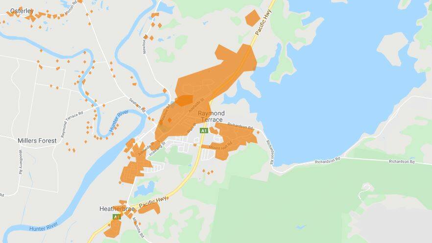Power outage map from the Ausgrid website showing parts of Port Stephens without power about 2pm on Thursday.