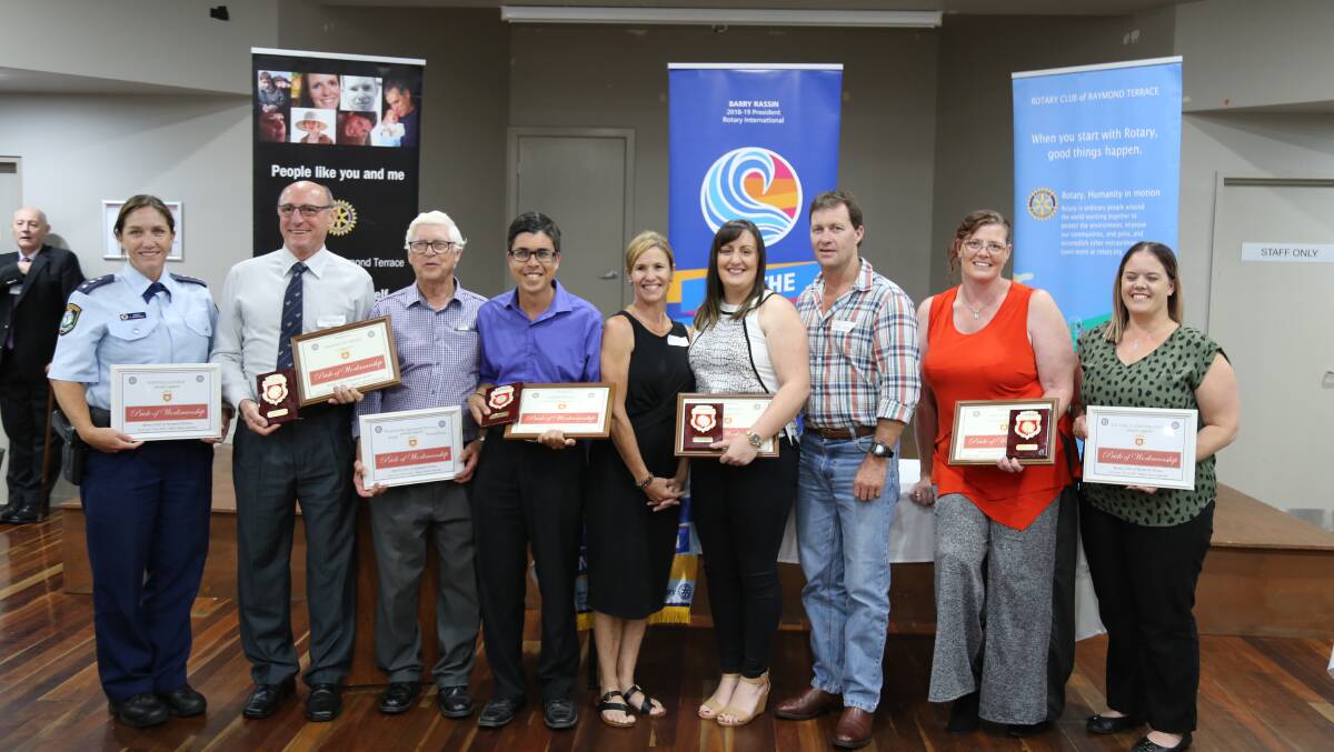 Raymond Terrace Rotary's 2019 Pride of Workmanship Award winners with their employers.