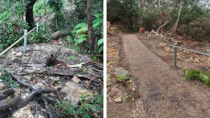 BEFORE AND AFTER: Left shows debris over the Tomaree Head summit walk track following a landslip in March, right shows the resurfaced track which reopened on May 22.
