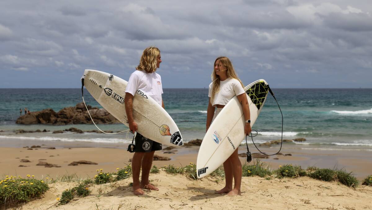 Jimmi Hill, 15, and Jasmine Sampson at Birubi Beach ahead of the Surfers Rescue 24/7 Port Stephens Pro. Picture by Ellie-Marie Watts