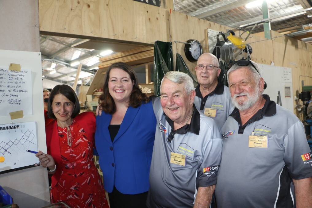 NSW Premier Gladys Berejiklian and Liberal candidate Jaimie Abbott at Raymond Terrace Men's Shed on February 15.