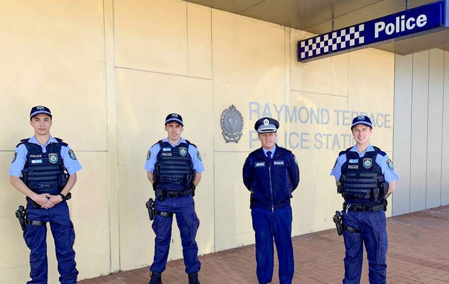 NEW FACES: Probationary constables Thomas Anderson, Liam Watson and Brad Elbourn with Superintendent Chad Gillies (second from right) at the Raymond Terrace station on August 17.