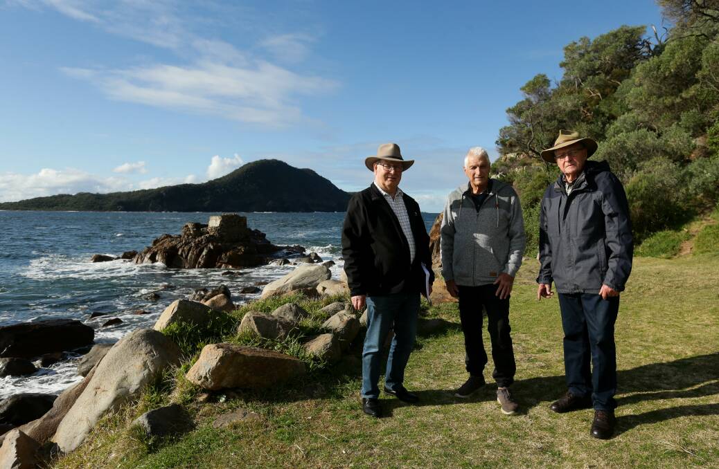 Tomaree Headland Heritage Group members Peter Clough, Nigel Dique and Geoff Washington. The group has conducted a visitor survey to help inform future decision at the site.
