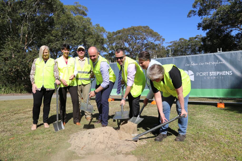 Carmel Foster from Port Stephens Council, Port MP Kate Washington, Ron Land from Port Stephens Koalas, NSW environment minister Matt Keane, Port Stephens Mayor Ryan Palmer, Paterson MP Meryl Swanson and Carmel Northwood from Port Stephens Koalas on the tools for the sod turning at the koala sanctuary. Picture: Ellie-Marie Watts