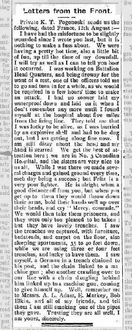 Letters from the Front | Raymond Terrace Examiner and Lower Hunter and Port Stephens Advertiser | Friday, October 6, 1916