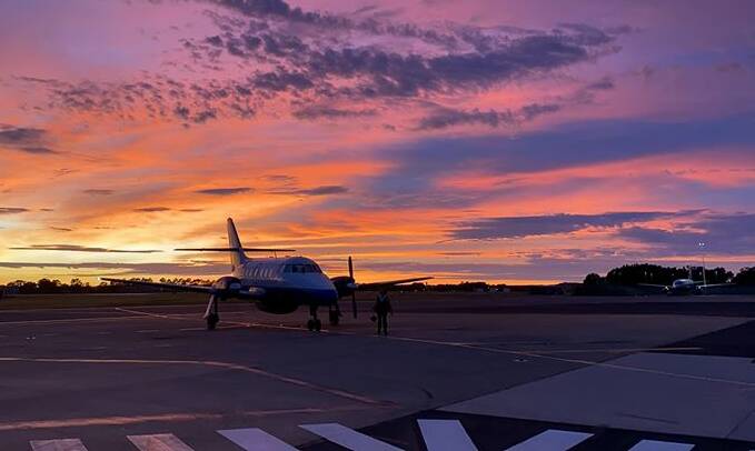 SUNRISE: A FlyPelican Jetstream 32 at Newcastle Airport getting prepared for a day of flying to regional communities. Picture: Henry Murcott