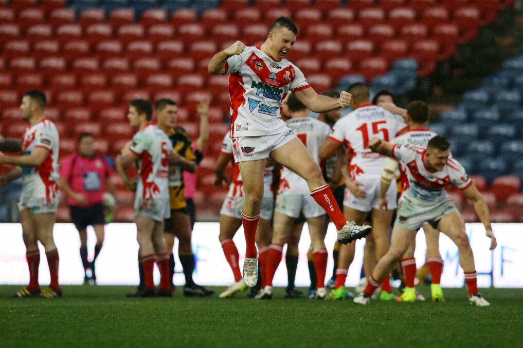 JUMP FOR JOY: Liam Higgins after the South Newcastle hooker realised they had won the 2016 grand final. Picture: Jonathan Carroll