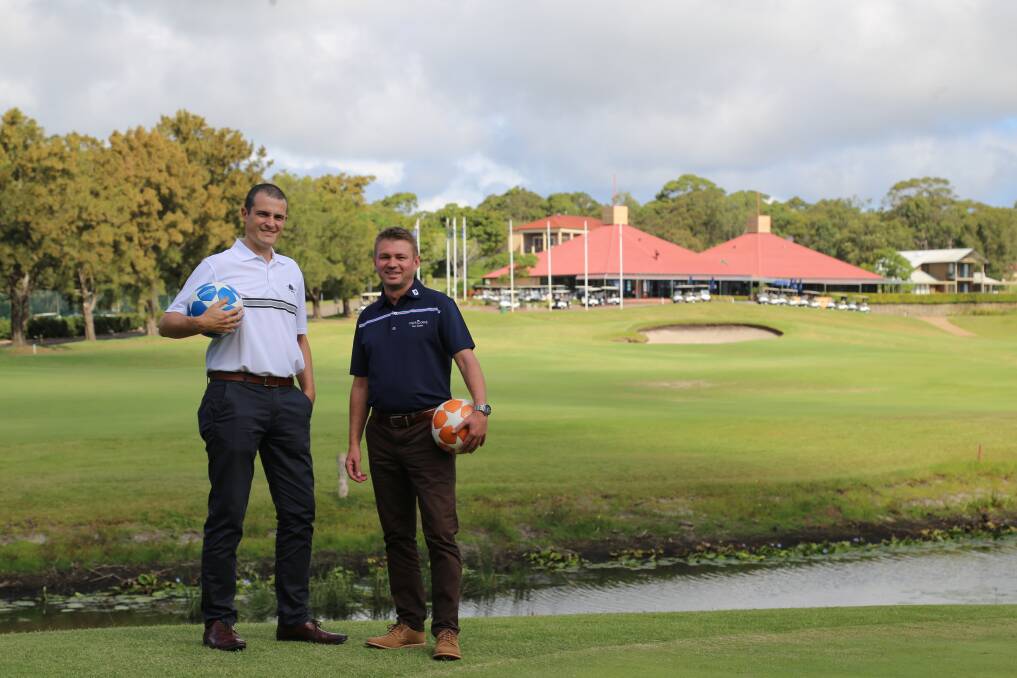 FootGolf Australia president Leonardo Fernandez and FootGolf Asia Cup 2019 sponsorship director Ben Reynolds at Horizons Golf Resort in Salamander Bay. 