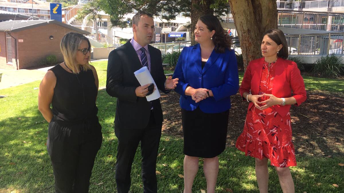 Small business owner Amanda Boone, Port Stephens Mayor Ryan Palmer, the Port's Liberal state election candidate Jaimie Abbott and NSW Premier Gladys Berejiklian in Apex Park, Nelson Bay on February 15 making the TAFE announcement. 