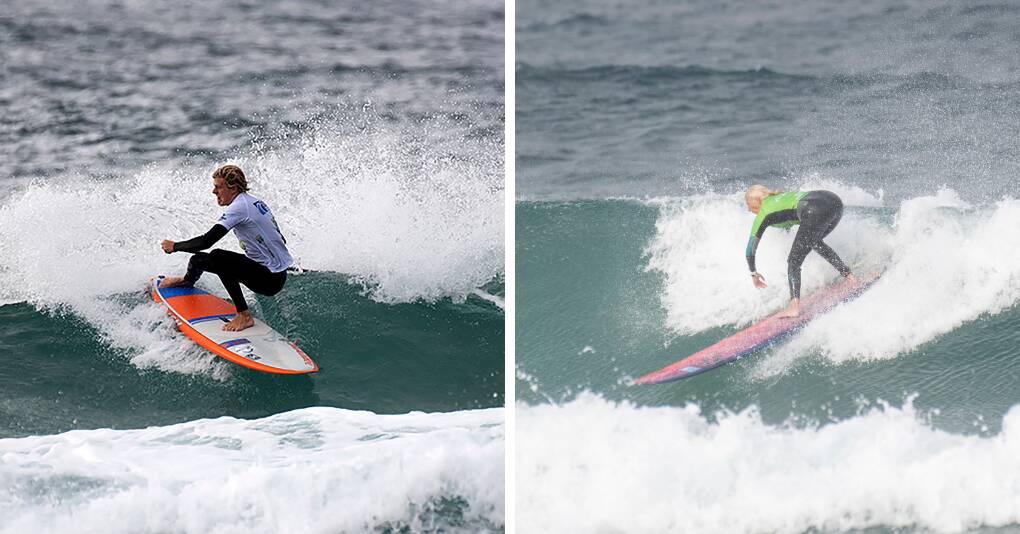 TALENT: Josh Stretton, left, and Suellen Goyne, right, earned top placings in their Port Stephens Surf Festival events. Picture: Surfing NSW/Ethan Smith