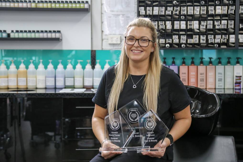 HAPPY: Forever Hair and Beauty owner Holly Baker. The Medowie salon won two categories in the 2021 Port Stephens Annual Awards and Overall Business of the Year. Picture: Ellie-Marie Watts