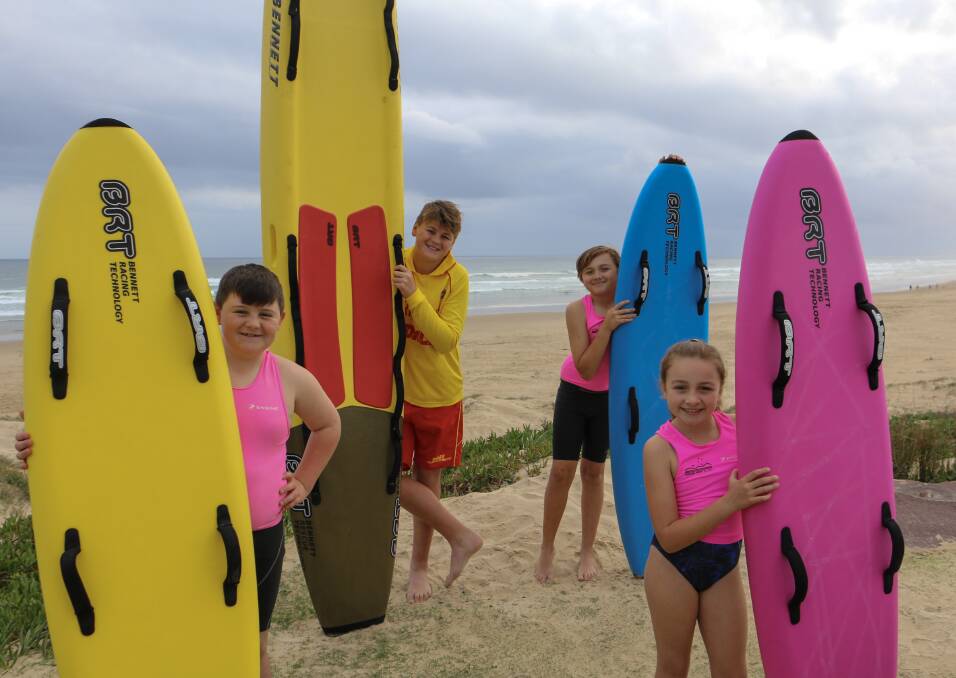 RIP IN: Birubi Surf Lifesaving Club nippers Logan Jarvis, 8, Evie Irving, 8, Jacob Irving, 11, and Tylee Jarvis, 13, preparing for the 2019-20 season.