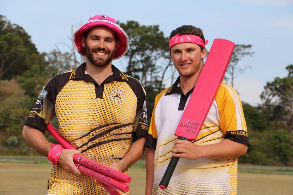 NEW VENTURE: Tom MacKenzie and Bronson Marshall from Medowie Cricket Club. Their team, the Medowie Yowies, are holding a pink stumps day on January 20. Picture: Ellie-Marie Watts