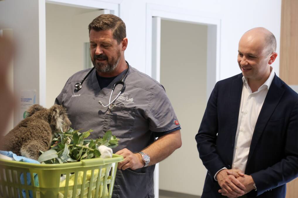 NSW Environment Minister Matt Kean, right, with Nelson Bay vet Dr Donald Hudson at the newly opened Port Stephens Koala Hospital in One Mile on September 25. Picture: Ellie-Marie Watts