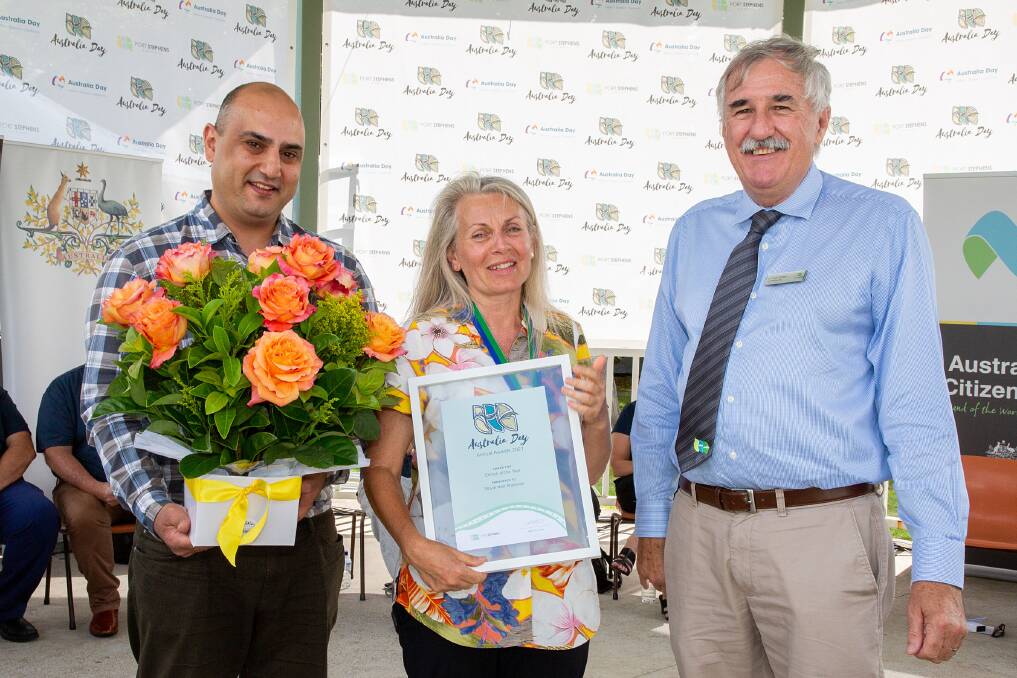 Dr Houman Ebrahimi was the Port's 2022 Australia Day ambassador. Pictured at last year's Australia ceremony in Raymond Terrace with Citizen of the Year November Sheehan and councillor Steve Tucker.