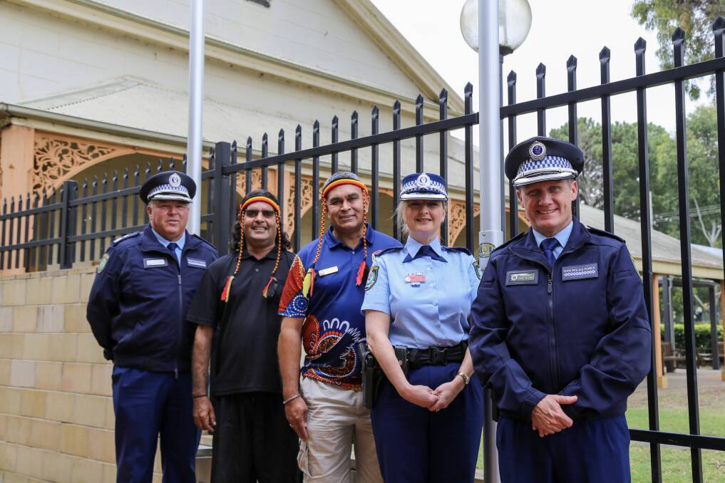 UNITED: Deputy Commissioner Gary Worboys, Maurice Perry, Dean French, Acting Supt Kylie Phillips, Acting Assistant Commissioner Northern Region Chad Gillies at Raymond Terrace Police Station on Tuesday. Picture: Ellie-Marie Watts