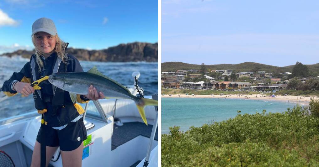 ON THE WATER: Left: Local champion Taylor Smith with a Boondelbah Island kingfish, which was released. Right: Fingal Bay, which is currently closed to boats.