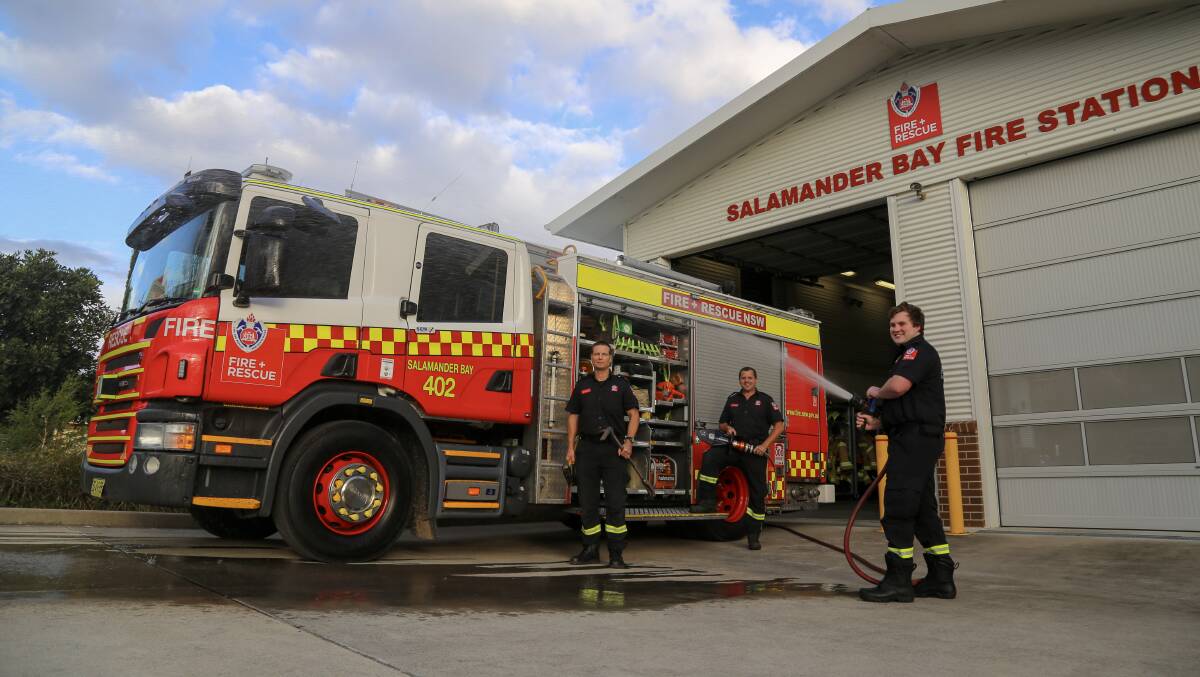 SAY G'DAY: Salamander Bay firefighters Daniel Orwell, Marty Thompson and Lachlan Rallings. Picture: Ellie-Marie Watts